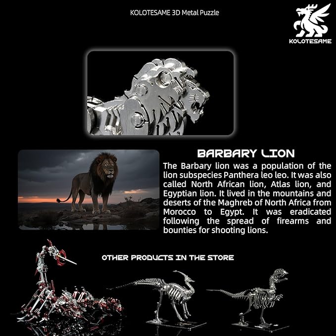 Barbary Lion 3D Metal Puzzle Model for Adults, DIY Wild Animal Building Model Kit with Tool, Metal Lion Puzzle Figurines for Man or 3D Building Enthusiasts Gift