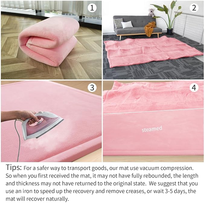 Huloo Sleep Ultra Soft Baby Play Mat for Floor, 1.3" Thick Elasti-Foam 65x50 Play Mat for Playpen,Water-Repellent Coral Velvet for Tummy Time, Non-Slip Backing,Safe for Toddlers & Infants(Pink)