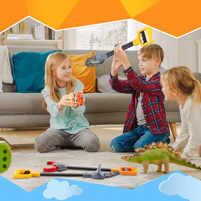 Lewtemi 4 Pcs Interactive Grabber Toy for Kids Claw Robot Arm Pack Reacher Pickup Tool for Boys Girls Children Fun Early Learning and Hand Eye Coordination Play, 18 Inch (Red,Blue,Gray)