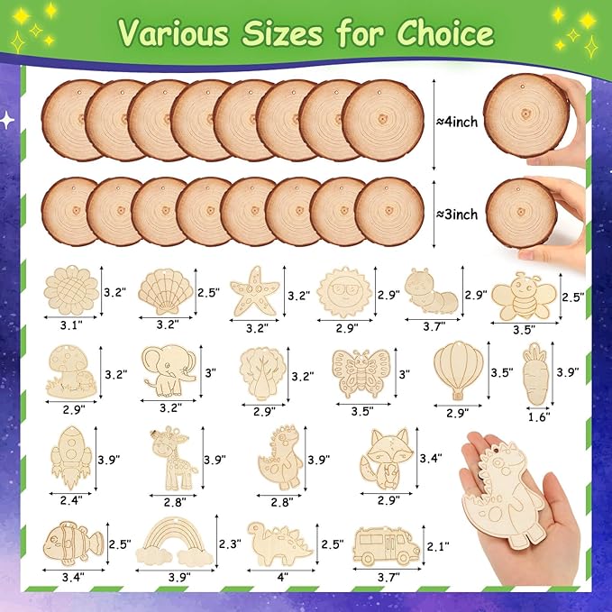Natural Wooden Slices Painting Craft Kit, 16PCS Unfinished Wood Slices & 20Pcs Unfinished Wooden Ornaments, DIY Glow in The Dark Christmas Ornaments Craft for Decorations