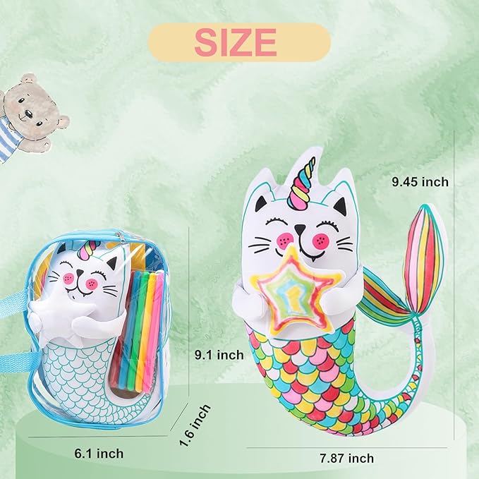 Coloring Plush Toy with 5 Washable Markers for Little Girls Doodle Dolls for Kids Ages 4-6 Birthday Christmas Presents (Fish Cat)