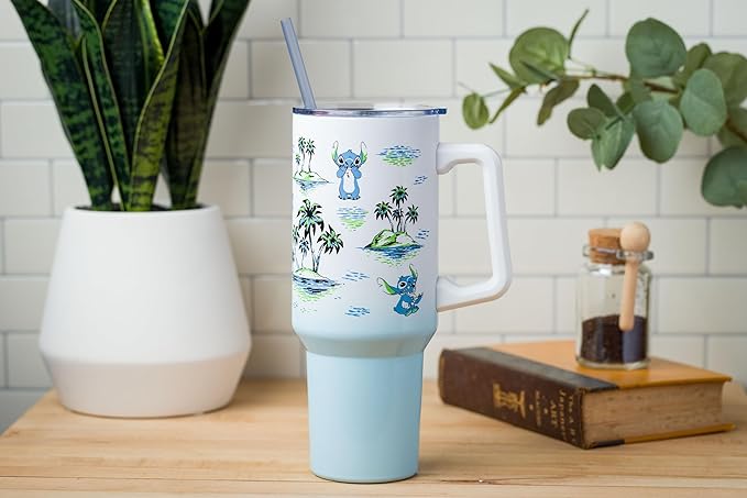 Silver Buffalo Disney Lilo and Stitch Vintage Sketch Palm Trees & Flowers Double Walled Stainless Steel Tumbler with Handle and Straw, Fits in Standard Cup Holder, 40 Ounces (Pack of 12)