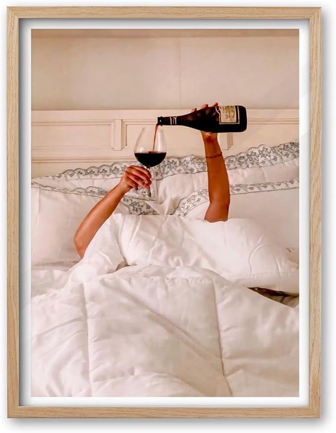 EcoHest 18x24 in Woman Drinking Wine in Bed Framed Wall Art for Bedroom | Solid Oak Wood Frame with Canvas Wall Art, Feminist Wine Wall Decor for Bathroom, Apartment, Dorm, College Room, 1Pack