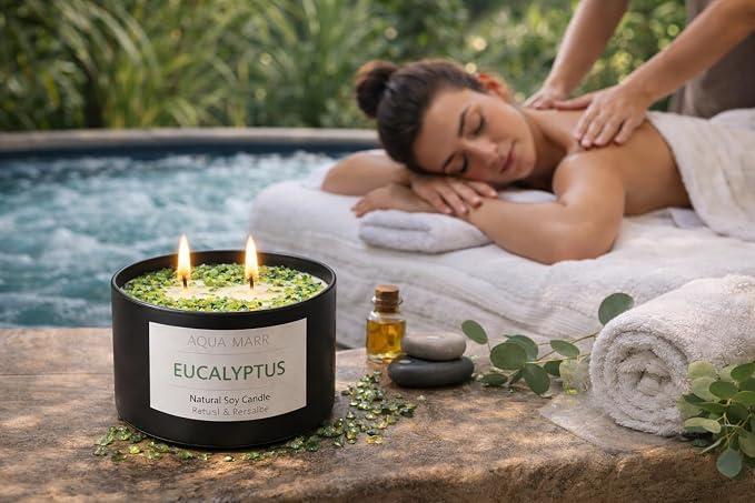 Eucalyptus Soy Candle โ 8 oz Aromatherapy Spa, Fresh Eucalyptus Scent, Clean Burning Hand-Poured Candle for Relaxation, Home & Bathroom Dรฉcor โ Aqua MARR