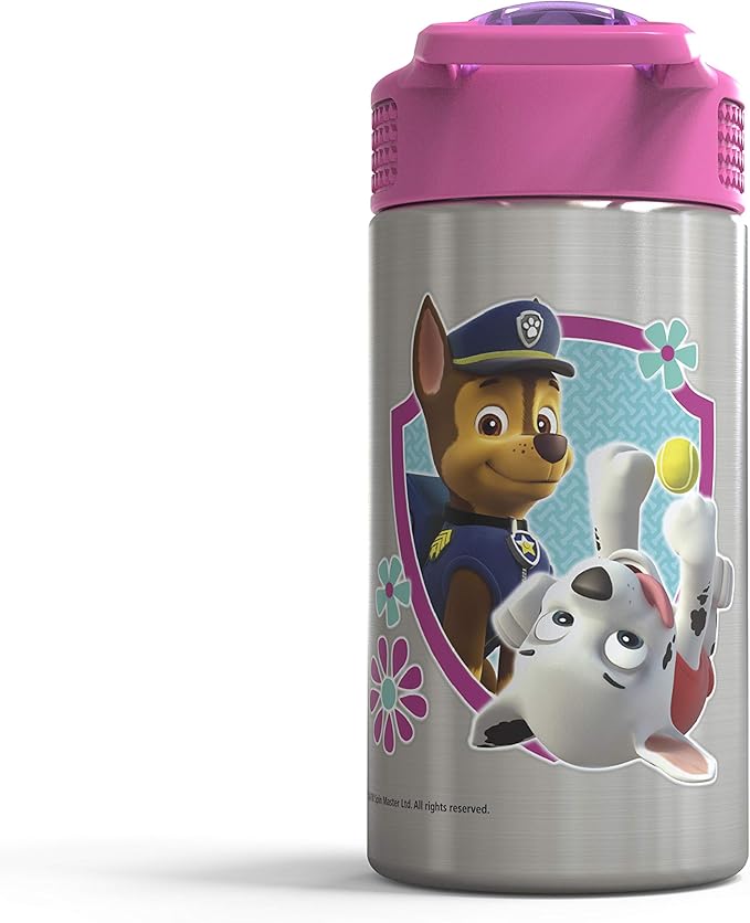 Zak Designs Paw Patrol Skye - Stainless Steel Water Bottle with One Hand Operation Action Lid and Built-in Carrying Loop, Straw Spout is Perfect for Kids (15.5 oz)