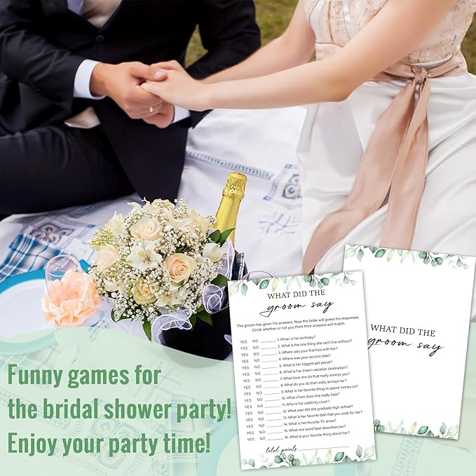 30 Pcs What Did the Groom Say Game Wedding Shower Games, Bridal Shower Games 30 Guests for Engagement Wedding Party, Bridal Game for Showers (Eucalyptus Botanical Style) -0011