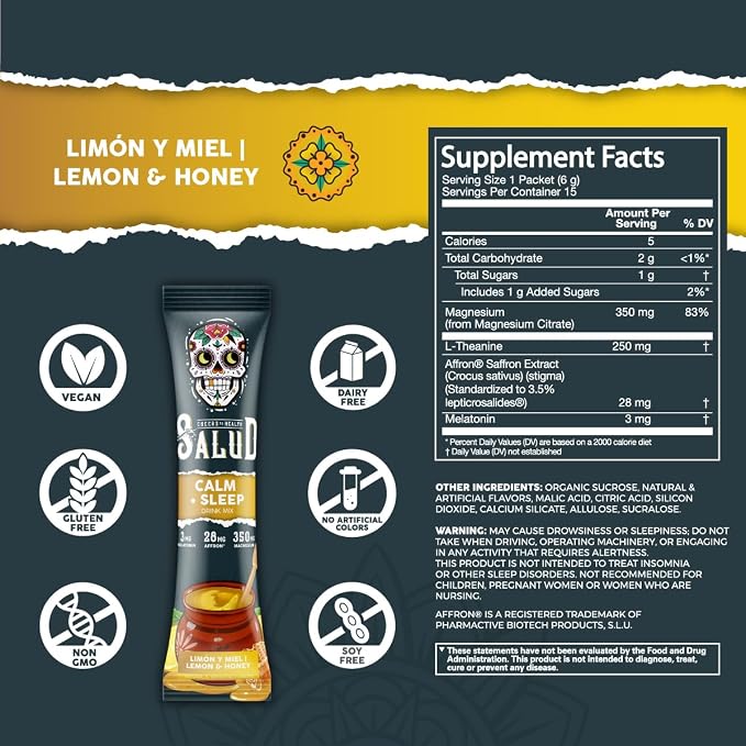 Salud 2-in-1 Sleep Aid + Calm Drink Mix, Punch Ponche Flavor, Melatonin, Magnesium, Saffron Extract, L-Theanine, Non-GMO, Gluten Free, Vegan, Low Calorie, 1g of Sugar (15 Servings)