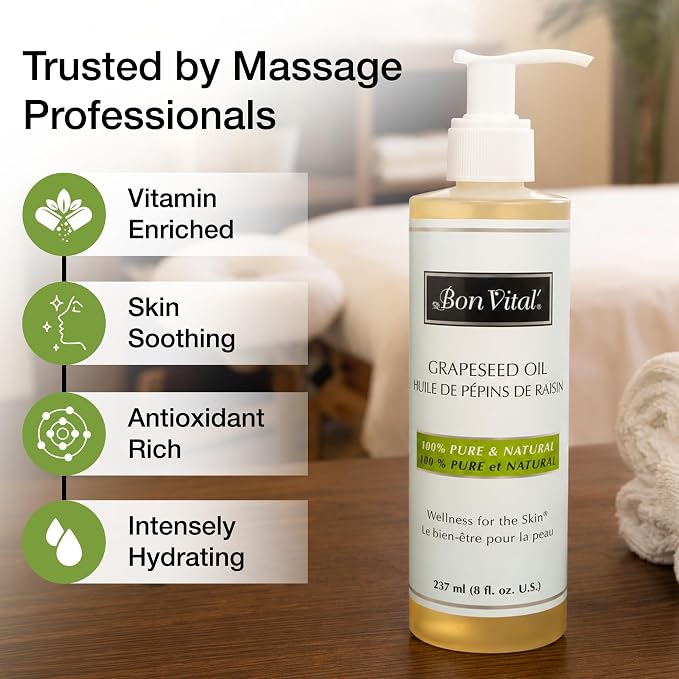 Bon Vital' Grapeseed Oil, 100% Pure Skin Toner and Massage Oil, For Hair Care, Aromatherapy, and Massage, Helps Reduce Wrinkles and Prevents Premature Aging, Skin Moisturizer, 8 Oz, Label may Vary
