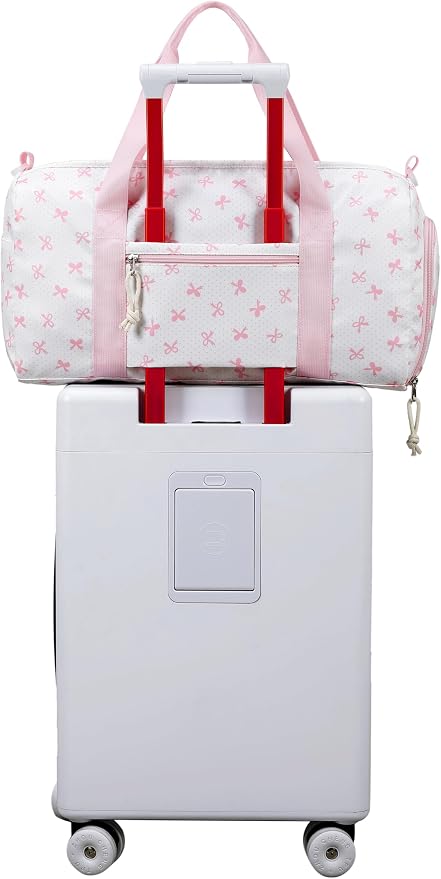 Gym Bag Duffle Bag with Wet Pocket Weekender Overnight Sports Duffels with Shoe Compartment for Girls Kids Women Travel Dance Cheer Bags (Pink Bow Pattern)