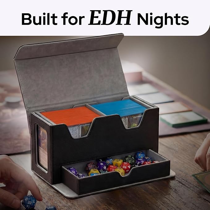 Card Deck Box Fits 200+ Double Sleeved,Commander Deck Box for Magic the Gathering with Dice Tray & Toploader Display,2 Dividers