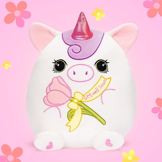 Get Well Soon Unicorn Plush Pillow,13.5" Soft Huggable Stuffed Animal Toy,Patient Feeling Better Gifts for Children, Girls, and Women
