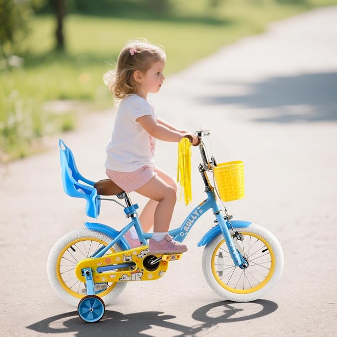 RULLY 12-16 Inch Girls Bike with Doll Seat Basket and Training Wheels for 2-6 Years Children