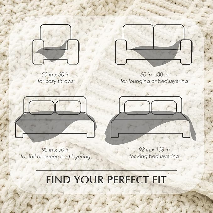 EVERGRACEHOME Chunky Chenille Knit Throw Blanket, 90 x 90, Ivory White | Sculpted Moss Stitch, Chic Modern Farmhouse, All-Season Warmth, OEKO-TEX® Certified, Oversized Queen for Couch, Bed, Sofa