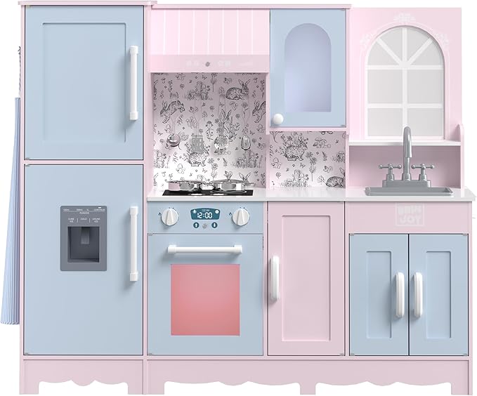 BRINJOY Play Kitchen for Kids, Wooden Kids Kitchen Playset w/Faucet, Sink, Stove, Oven, Window, Cookware, Storage Cabinets, Toddler Role Play Kitchen Pretend Play Toy Set Gift for Girls Boys Ages 3+