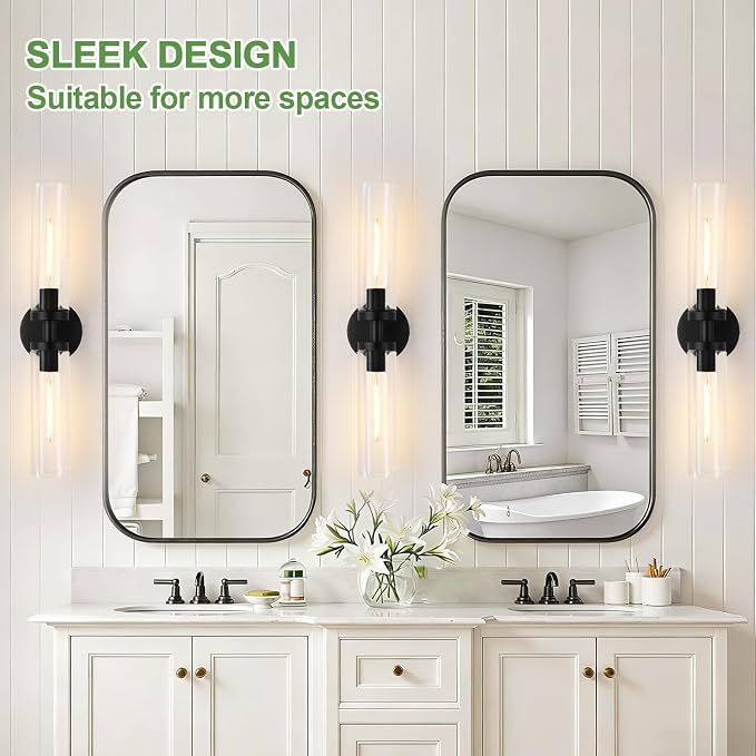 Indoi Matte Black Wall Sconces, Hardwired Bathroom Sconces Wall Lighting with Clear Glass, Modern Sconces Wall Light fixtures for Bathroom Mirror Living Room Hallway Bedroom