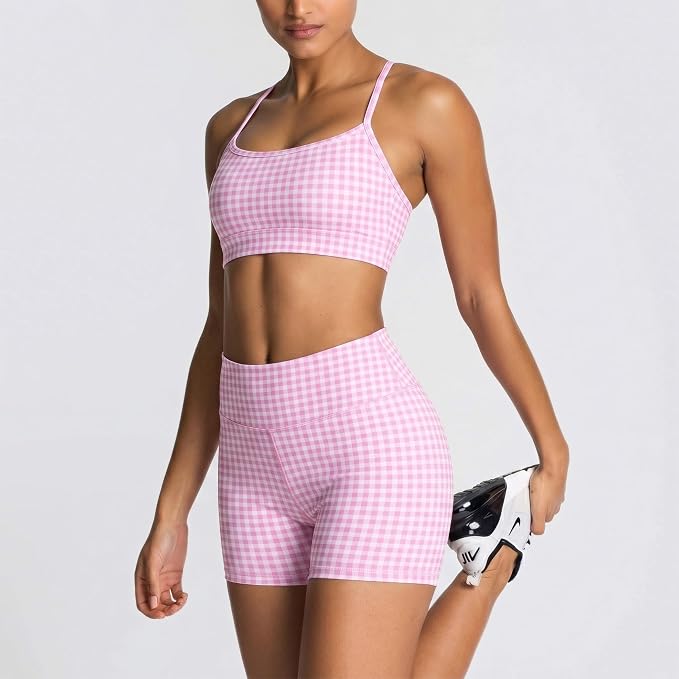ABOCIW Workout Sets for Women 2 Piece Color Block Strappy Sports Bra High Waist Shorts Gym Yoga Pilates Outfits