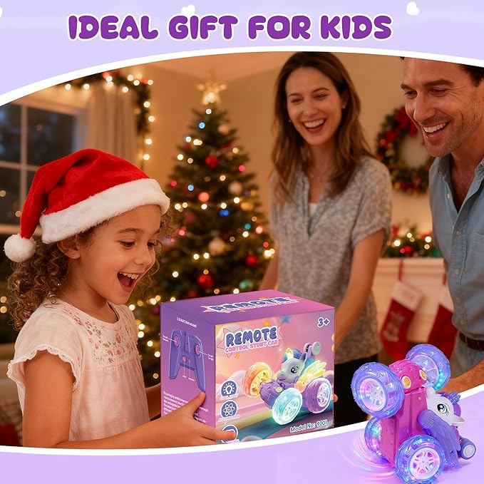 Unicorn Toys RC Car for Girls 4-6 Beginner-Friendly Cute Remote Control Toy - High-Speed All-Terrain 360°Flips Stunt & Cool Blinky Lights Ideal Christmas Birthday Gift for Age 3 4 5 6 7 8 - Purlple