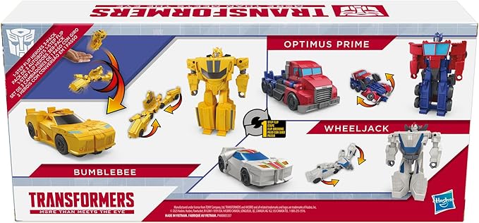Transformers 1-Step Flip Heroes 3-Pack, 4-Inch Wheeljack, Bumblebee, and Optimus Prime Action Figures, Kids Easter Toys or Basket Stuffers, Age 6+