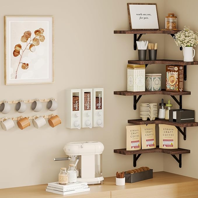 Fixwal Conner Shelves Wall Mounted for Decor, Walnut Brown Set of 5 | Solid wood shelf with metal brackets, holds 40 lbs. Optimizes corner storage. Fits bathroom, kitchen, bedroom & living room.