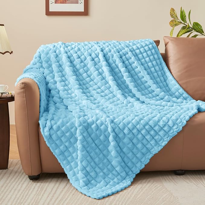 BEDELITE Light Blue Checked Fleece Twin Throw Blanket for Bed, 60x80 Inch | Soft Warm Fuzzy Fluffy Blanket for Couch Sofa, Lightweight Plush Cozy Throws for Home Room Decor, Gift for Women, All Season