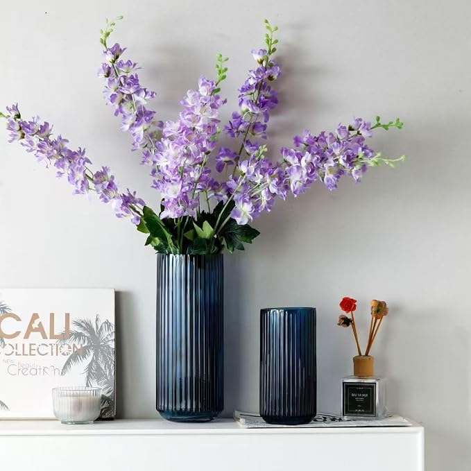 7.5 inch Blue Glass Flower Vase for Pampas Grass, Medium Decorative Centerpiece Ribbed Vase for Dining Table, Office Desktop, Shelf Bookshelf, Mantel, Entryway, Bathroom, Countertop,Gift