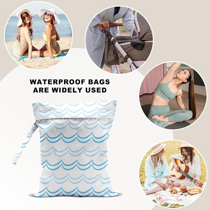 Blue and White Wave Pattern Wet Bag 12x10 Inch, Wet Dry Bag for Swimsuit Travel Beach Pool Stroller Diapers Dirty Yoga Gym Clothes Toiletries Waterproof Reusable with Two Zippered Pockets & Handle
