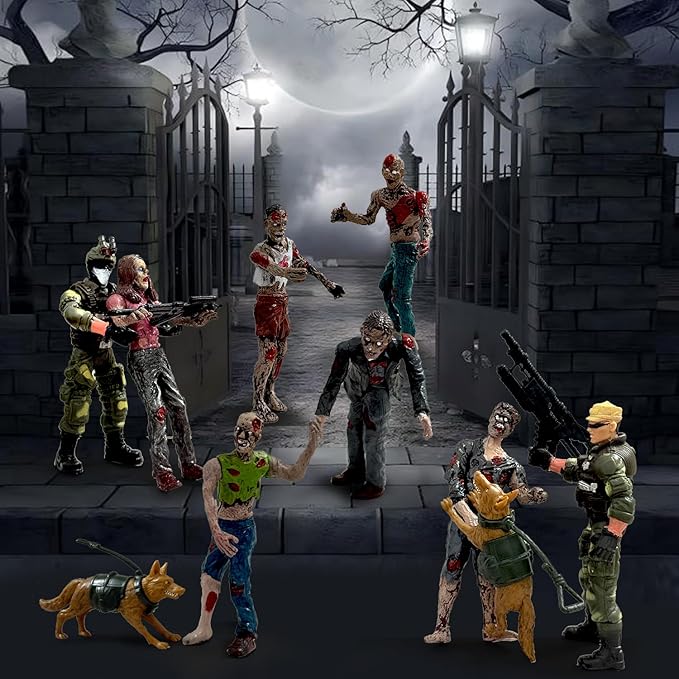 Army Men VS Zombie Action Figures, Realistic 6 Zombie Toys Playset 6 Army Toy Set with Weapons 2 Dog Figures, Halloween Decor Birthday Gift for Boys 3+ (14PCS)