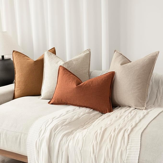 Foindtower Pack of 2, Decorative Linen Solid Throw Pillow Covers Accent Lumbar Cushion Case Boho Farmhouse Pillowcase for Chair Couch Sofa Bedroom Living Room Home Decor 12 x 20 Inch Fall Rust Orange