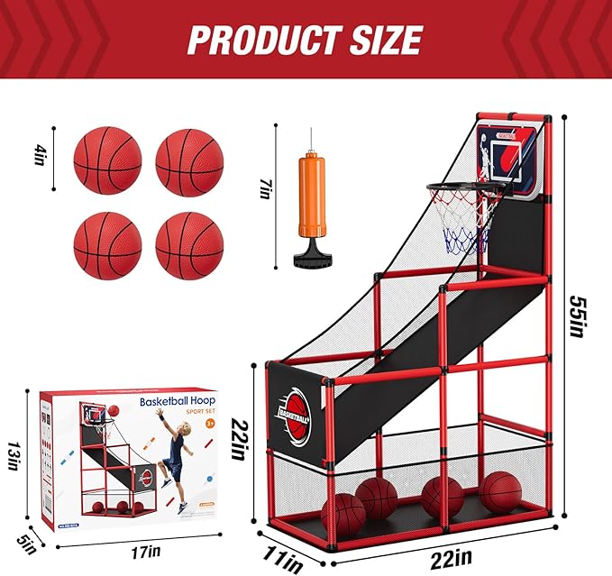 Basketball Arcade Game Indoor Outdoor, Kids Basketball Hoop with 4 Balls & Pump, Single Shot Basketball Game at Home, Carnival Games Sport Toys for Boys Girls Teens