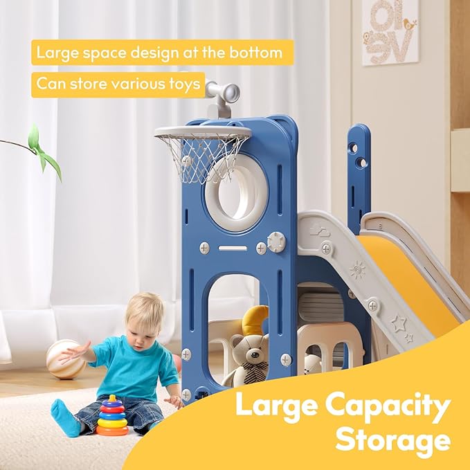 6 in 1 Toddler Playset with Slide,Toddler Slide,Slide for Kids with Basketball Hoop,Ball,Ring Toss,Kids Slide Toddler Playground Toddler Slide Indoor Outdoor Toys