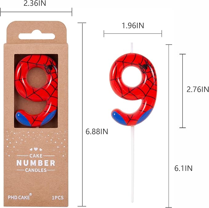 PHD CAKE 2.76 Inch Number 9 Spider Birthday Candles, Spider Cartoon Themed Number Candles, Cake Number Candles, Party Celebration