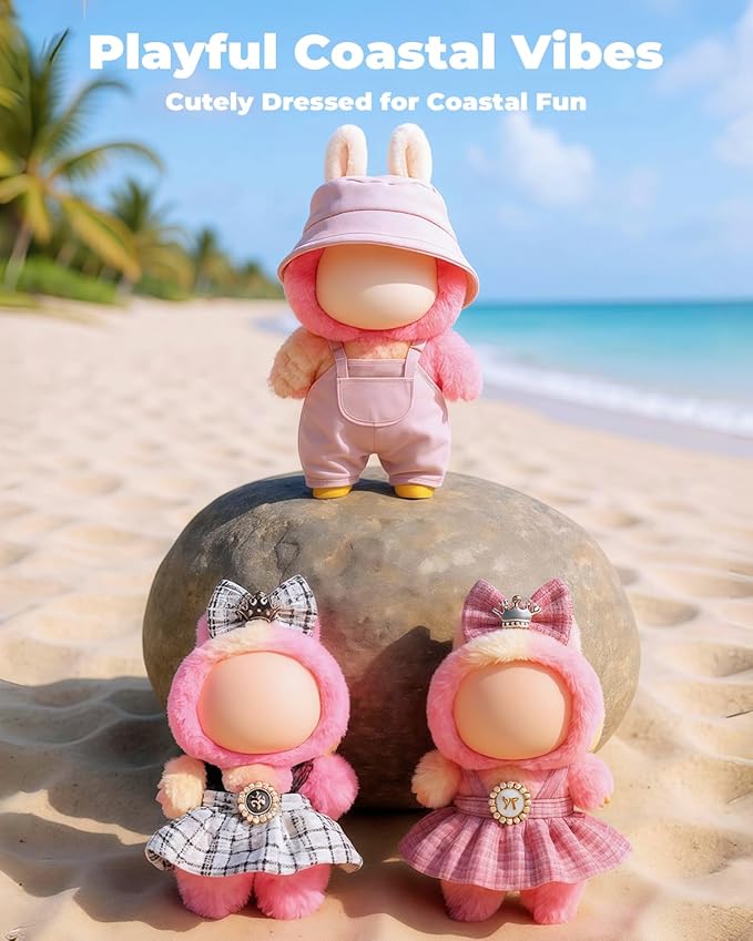 (3-Pack) 17cm Doll Clothes Set, Black Plaid Outfit & Pink Plaid Dress Set with Bow Clip and Metallic Details, Light Pink Fisherman Hat & Suspender Skirt for 17cm Doll, Cute Clothing