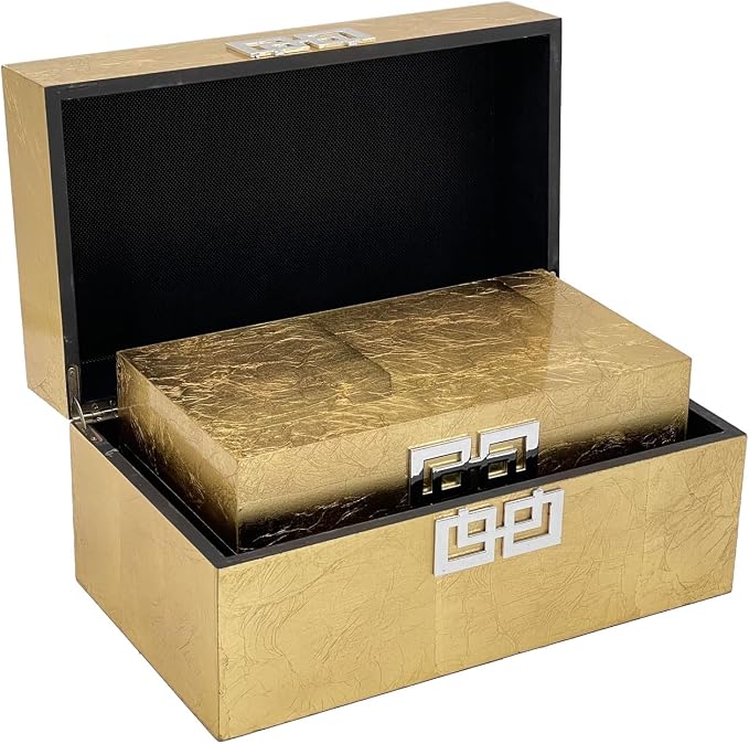 Galt International Storage Box Set Decorative Storage Box w/Hinged Lid Classic Design Wood Decor Boxes with Geometric Clasp Storage for Bedroom & Home - Set of 2 (Gold Leaf)