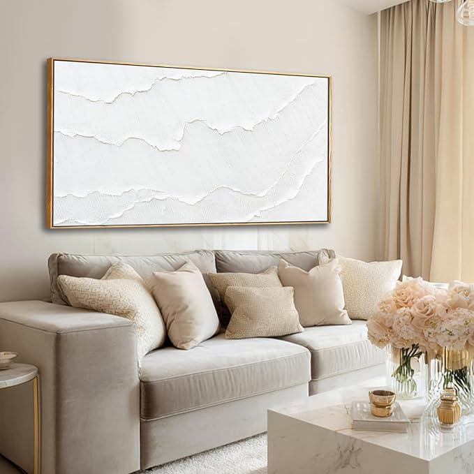 Framed White Gold Abstract Wave Canvas Wall Art for Living Room 24x48 Inch