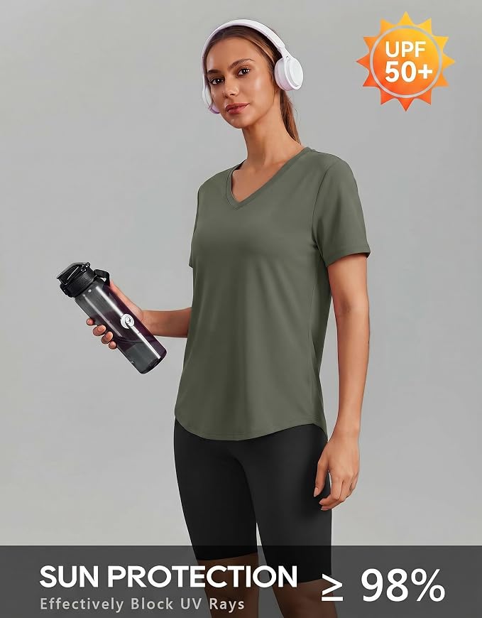 PINSPARK Soft Workout Tops for Women Short Sleeve V Neck Moisture Wicking UPF 50+ Sun Protection Quick Dry Gym Shirts