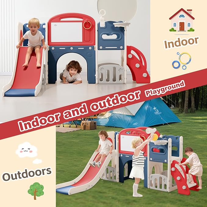 Outdoor Toddler Playset with Slide Set,Indoor Playground for Toddlers 1-3, Climber Play Set with Telescope Basketball Hoop,Tunnel Playhouse and Jungle Gym
