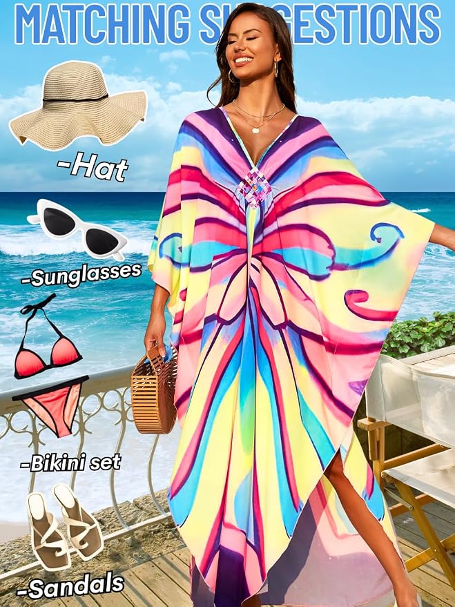 ChiaoLezhee Print Moo-Moos for Women, Kaftan Cover-Up Dresses, Sexy V-Neck High-Slit, Beach Pool-Party Coverups Muumuu Plus