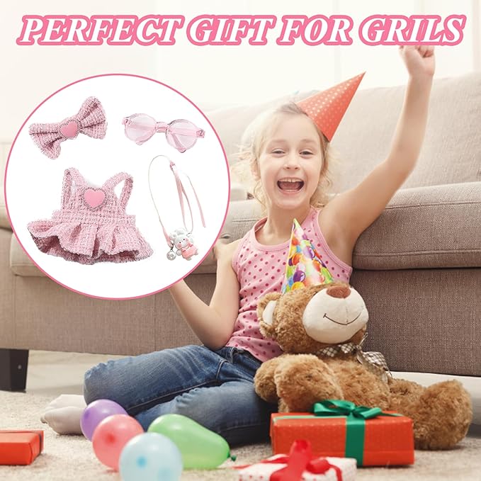 6.7in/17cm Doll Clothes Set(NO Doll), 4 Pcs Outfit Set Includes Premium Fashion Dresses & Bow Hairpin & Glasses & Cute Rabbit Charm, Luxury Chic Doll Clothing Accessories