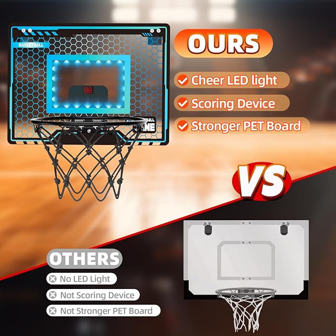 Mini Basketball Hoop Indoor for Kids, Basketball Hoop Over The Door with LED Lighting, Electronic Scoreboard & 3 Balls, Basketball Toys Gifts for 6 7 8 9 10 11 12 Year Old Teen Boys Christmas