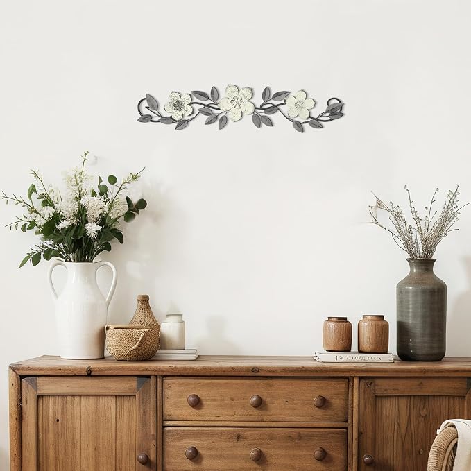 Wesiti Metal Flower Wall Decor Vintage Metal Flower Wrought Iron Scroll Sculpture 15.7''x3.7'' Not 3D, Flat Farmhouse Leaf Wall Decor with Nails for Summer Bedroom Kitchen Indoor Outdoor(White)