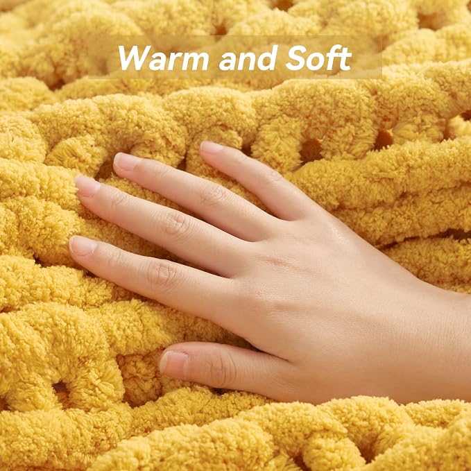 Negwoo Chunky Knit Throw Blanket, Knitted Throw Chenille Yarn, 80"*90" | Soft Thick Cable Knitted Blankets, Handmade Big Thick Blanket, Machine Washable Cute Comfy Blanket for Home Decor, Yellow