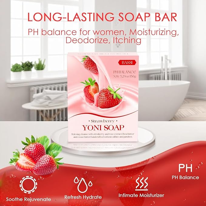 3 Pack Yoni Soap Bars for Women, Feminine Cleansing Bar Soap for Daily Freshness & Gentle Care, Vaginal Care Soap with pH Balance Inspired Formula, Eliminates Odor, Handmade Strawberry Body Soap