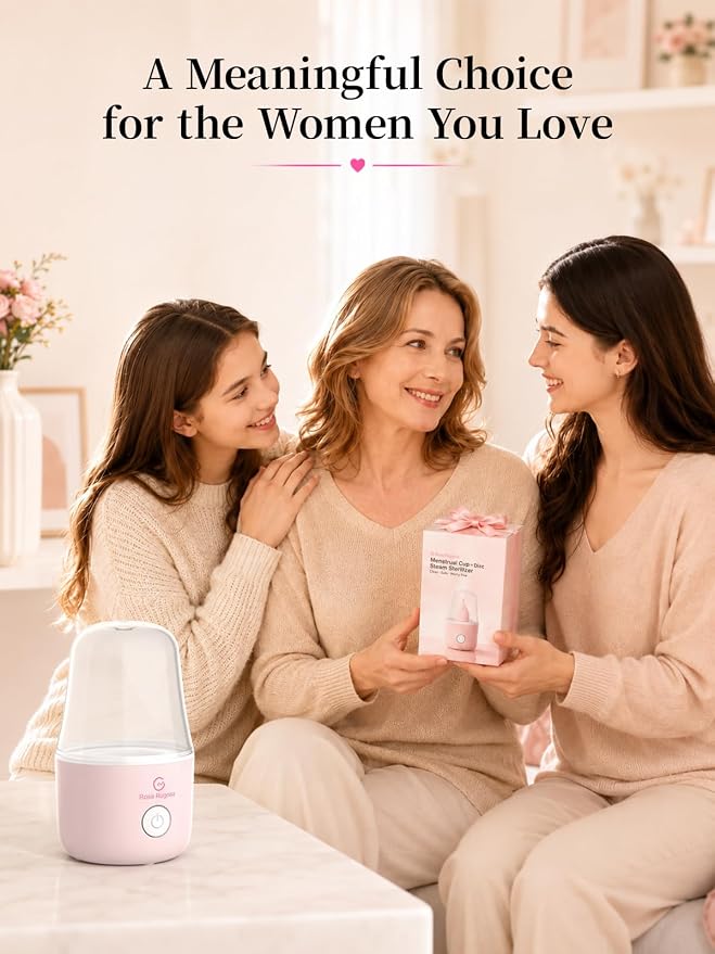 ROSA RUGOSA Menstrual Cup Sterilizer Fits Menstrual Cups and Disc, See-Through Design, Includes Measuring Cup, Auto Shut Off, for Home, Dorm and Travel