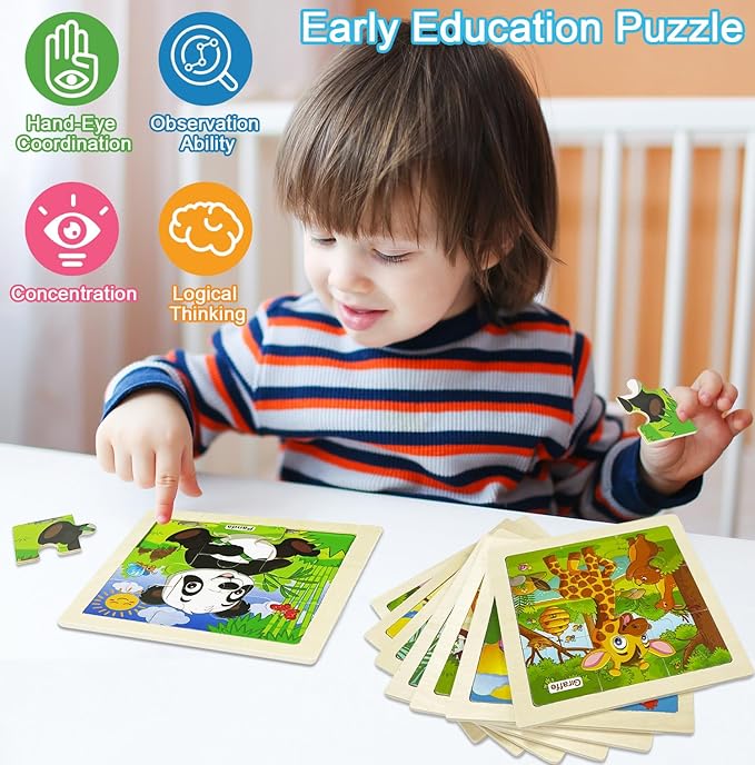 Wooden Puzzles for Toddlers, 9 Pieces Animal Jigsaw Puzzles for Kids Ages 3-5 4-6, Preschool Learning Activities, Learning & Educational Toys, Gifts for Boys, Girls (8 Pack)