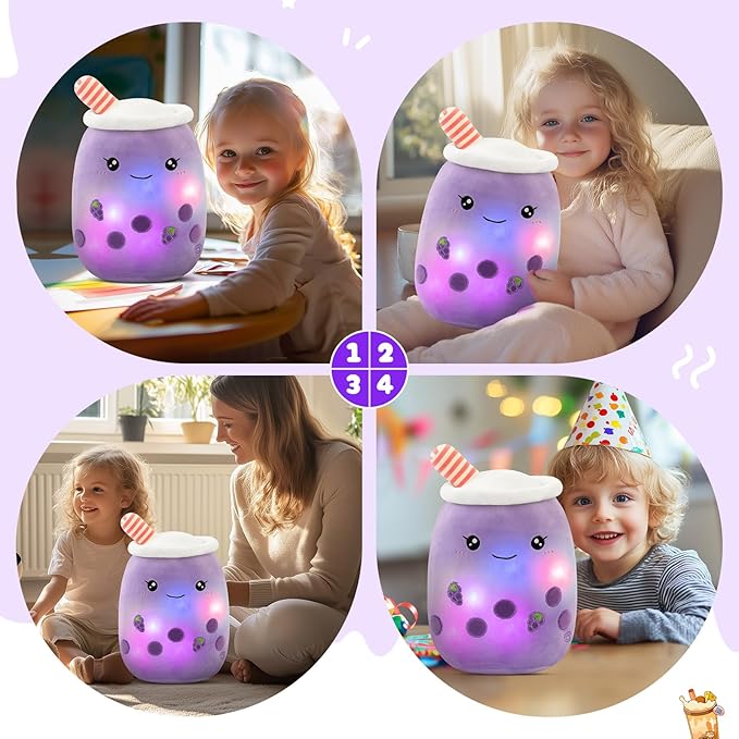 Athoinsu Light Up Grape Boba Bubble Tea Cup Pillow, 15 inch Kawaii Plushies with Colorful LED Lights, Cute & Squishy Glow Pillows, Soft Plush Stuffed Toys for Kids,Girls,Boys (Purple, Medium)