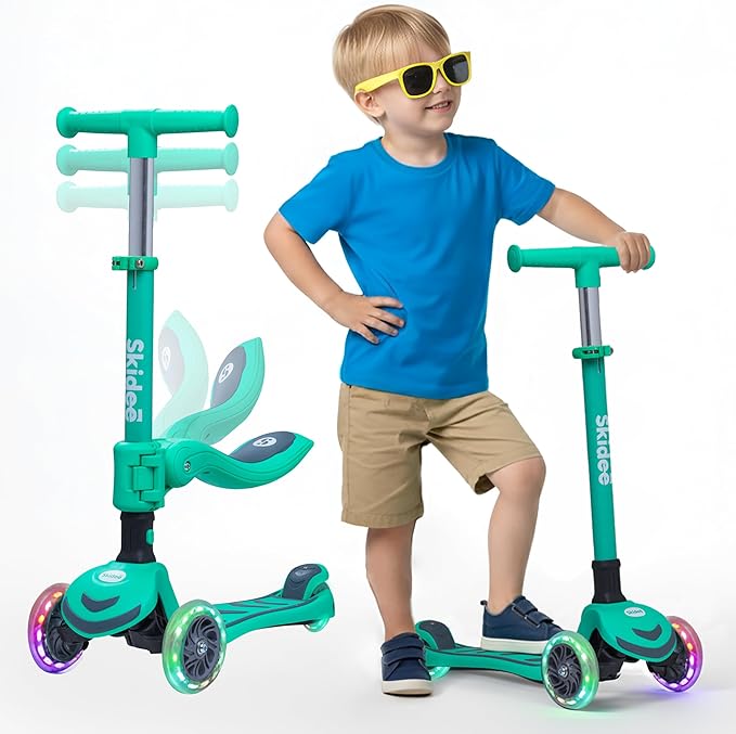 SKIDEE Kick Scooter for Kids Foldable 3 Wheel Scooter with Lean-to-Steer, Adjustable Height, Removable Seat & LED Light Wheels | Toddler Scooter Up to 12 Year Old Boys/Girls
