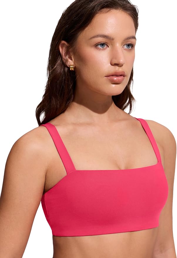CRZ YOGA Square Neck Bikini Tops for Women - Padded Wide Straps Full Coverage Bathing Suit Swim Bra