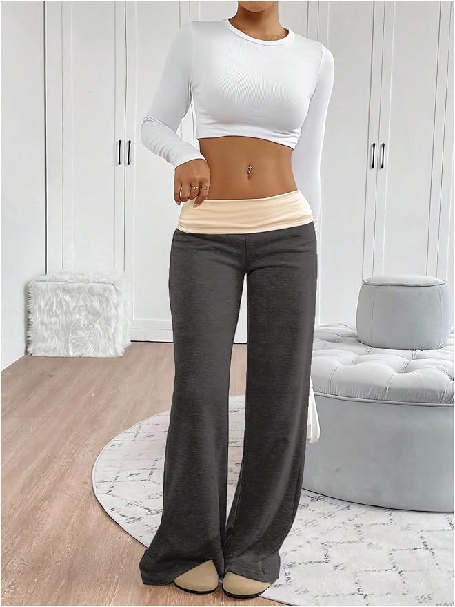 SOLY HUX Women's Sweatpants Color Block Low Rise Fold Over Waist Baggy Wide Leg Pants