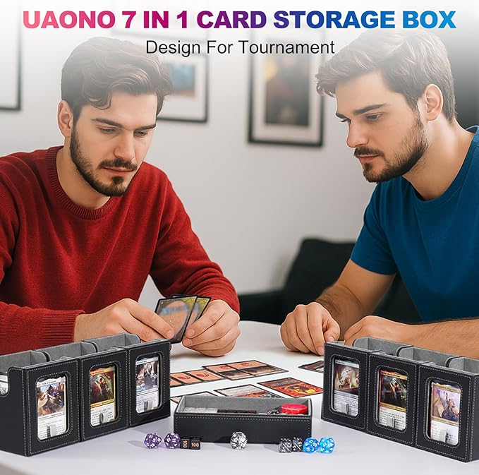 UAONO Commander Deck Box for MTG, 6-Deck Modular Card Case with Dice Tray Holds 600+ Double-sleeved Cards, Removable Trading Cards Storage Box with 35PT Magnetic Card Holders for TCG, Black Grey