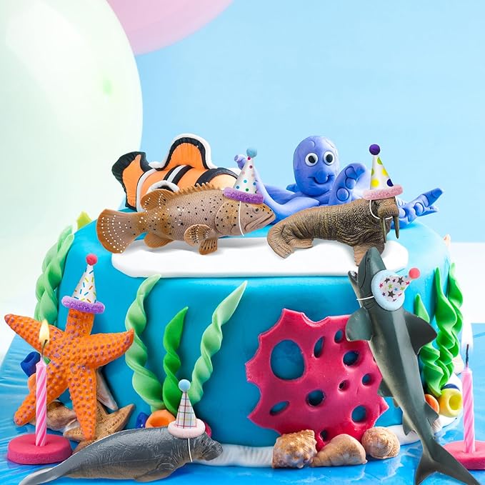 18 Pcs Sea Animal Birthday Party Decorations Mini Birthday Hat Animal Figure Model Cake Toppers with Mini Hat for Animals Themed Party